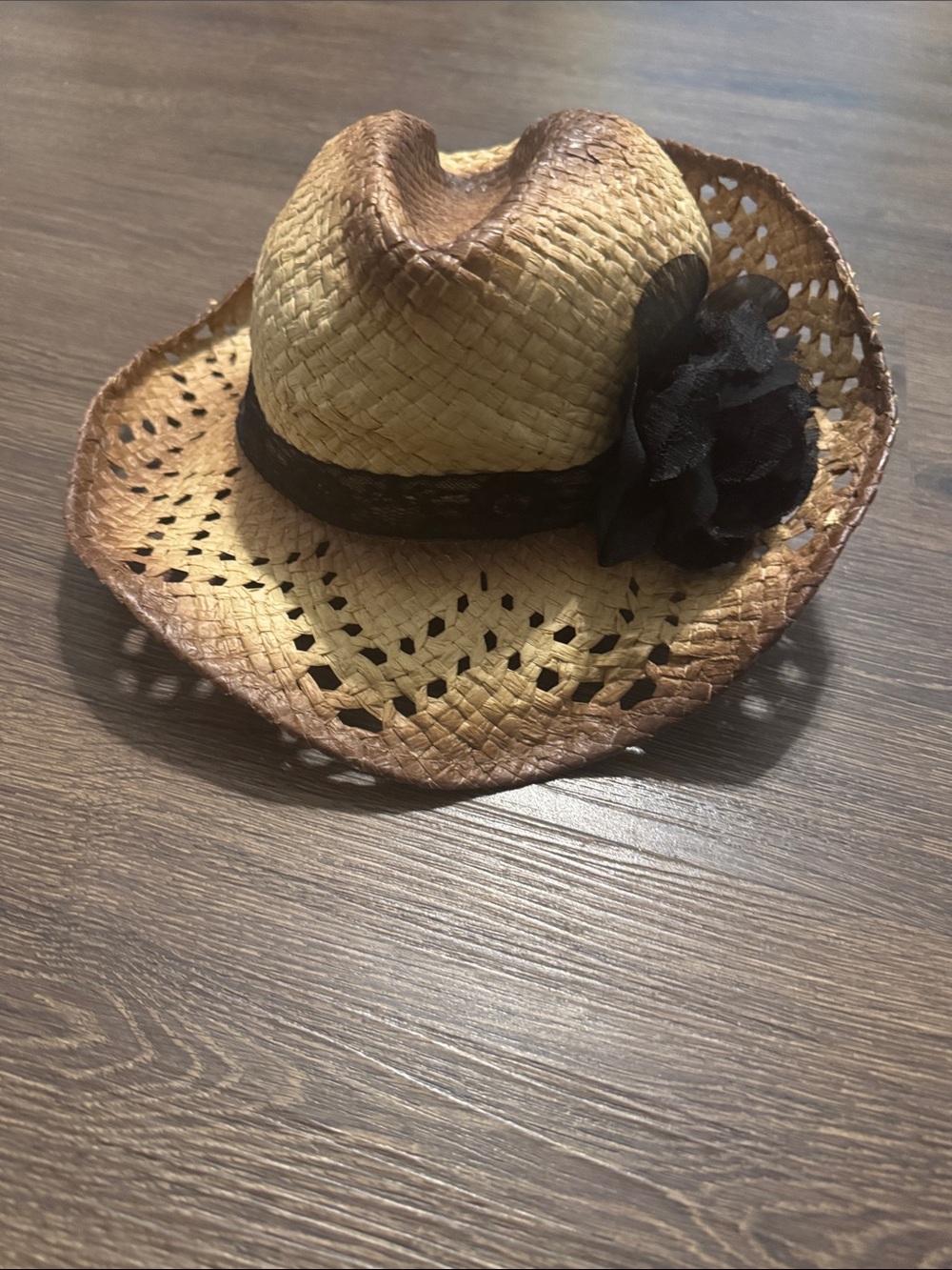 Straw Cowboy Hat with Black Band and Flower